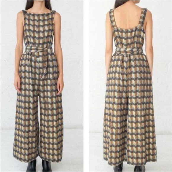 Ace & Jig Jumpsuit Metallic Jacquard Wide Leg Gold Belted Sleeveless Size L - Picture 14 of 14
